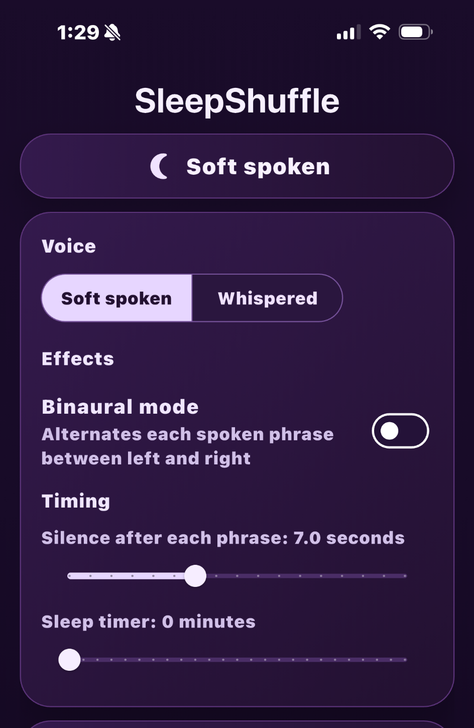 SleepShuffle soft-spoken mode showing voice, binaural, timing, and sleep timer controls
