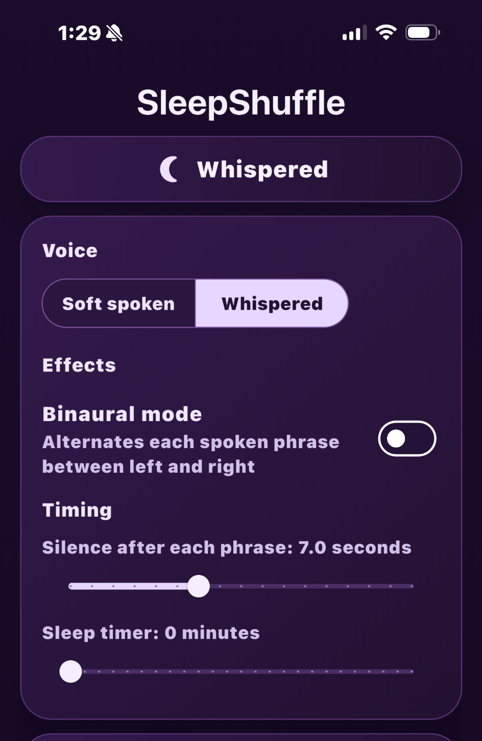 SleepShuffle whispered mode showing voice, binaural, timing, and sleep timer controls